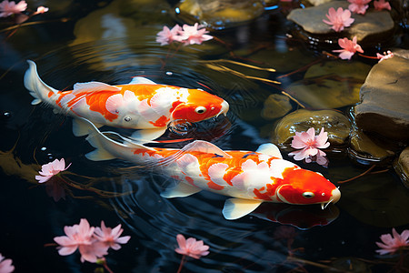 粉色花朵绽放水面两只锦鲤游弋花香锦鲤图片