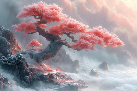 一颗梦幻红色景观树图片