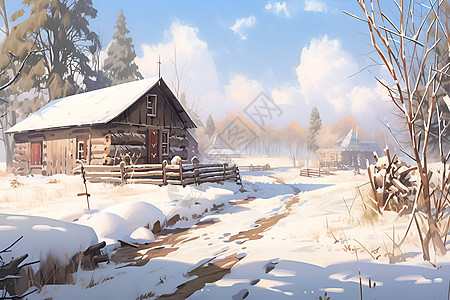 雪景中的小屋背景图片
