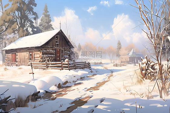 雪景中的小屋图片