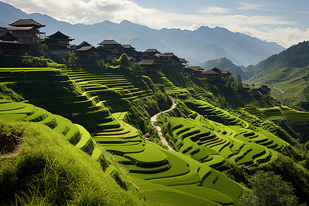 鸟瞰梯田山村风光背景