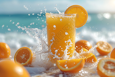 夏日沙滩上的橙汁图片