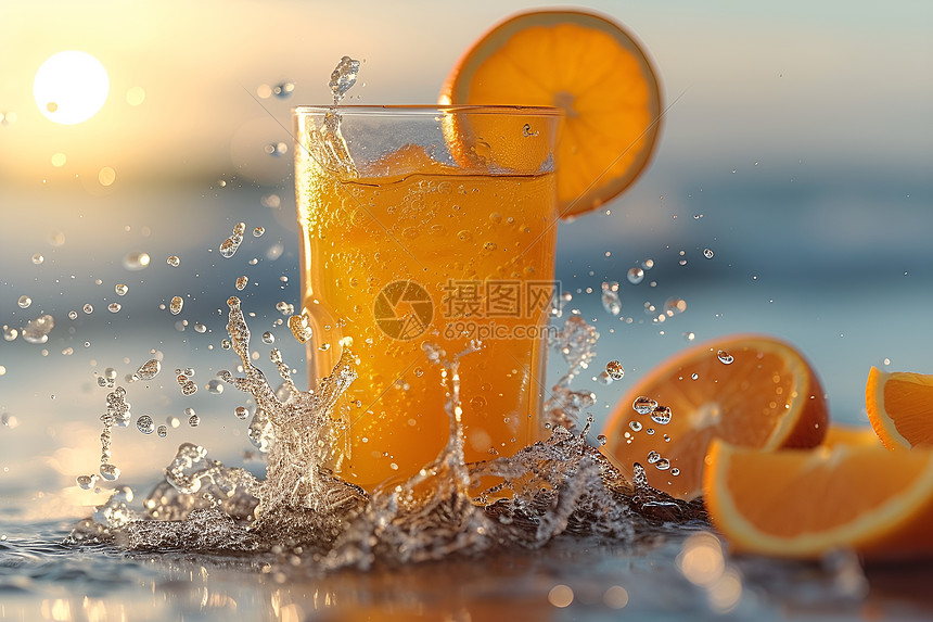 夏日阳光下的橙汁图片