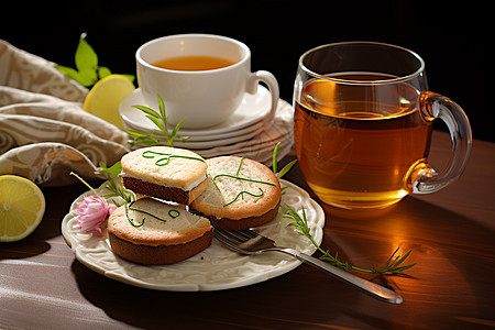 一杯茶和一盘食物图片