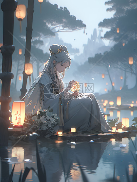 河边的少女插画图片