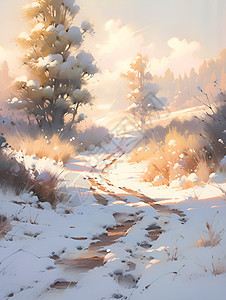 林间小径的雪景背景图片