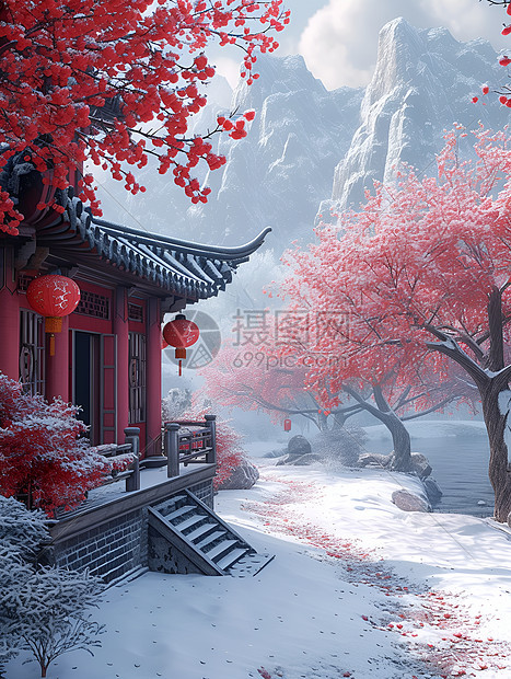 红墙白雪中国宫殿图片