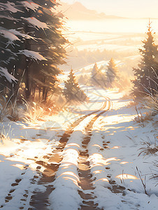 雪中林间的一条道路图片