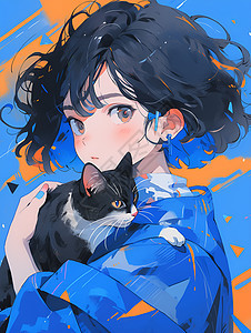 少女与猫的卡通插画图片