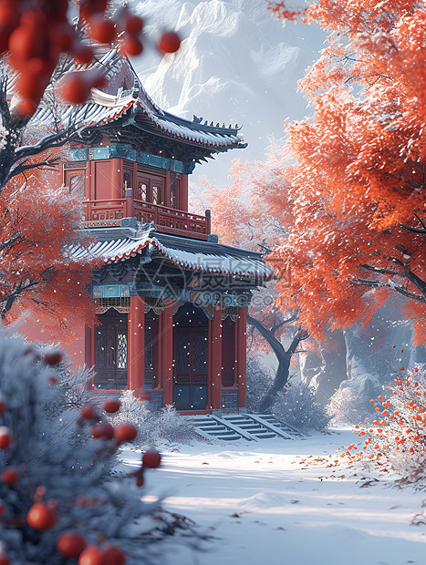 冬日梅花和古典建筑图片