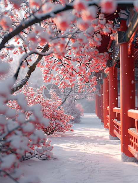 冬日红墙下的雪景奇景图片