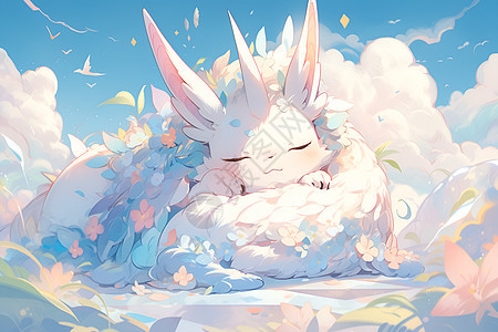 云朵中躺着的小白兔背景图片