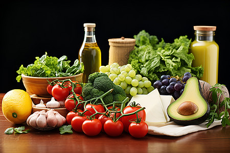 多种水果和蔬菜摆放在木桌上图片