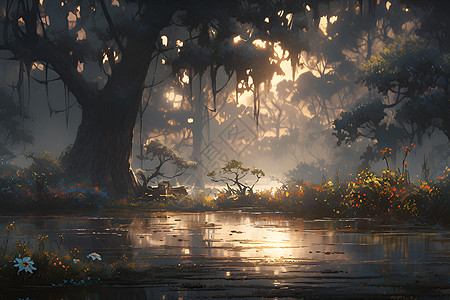 夕阳下的神秘湿地图片