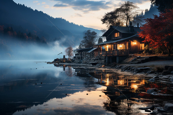 夜晚的湖畔小屋图片