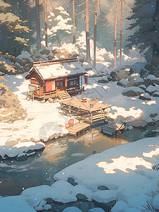 白雪皑皑中的林间小屋背景图片