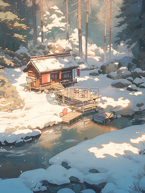 白雪皑皑中的林间小屋图片