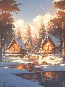冬日河边的小屋图片