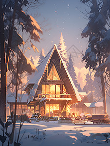 冬日森林中的小屋背景图片