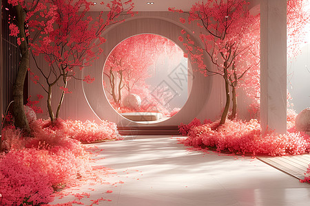 粉色花海粉色花朵中的舞台设计图片