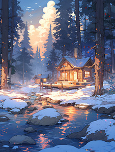 夜晚森林小屋背景图片