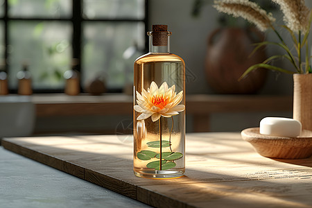 透明瓶子桌上的瓶子和植物设计图片