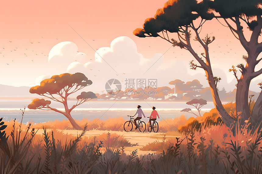 日落时小径上的骑行者图片