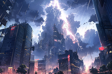 电闪雷鸣中的城市背景图片