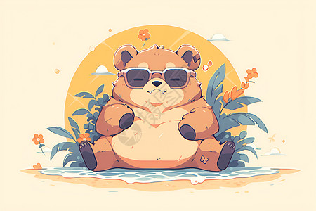 海滩上休闲的熊戴着太阳镜图片