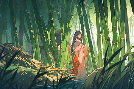 竹林漫步的女性图片