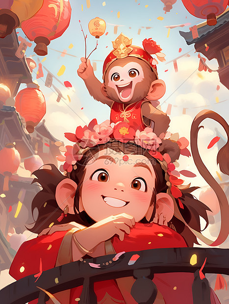 少女与猴猴欢庆相伴图片