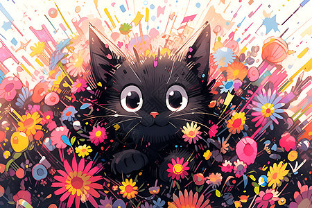 黑色小猫坐在花田中图片