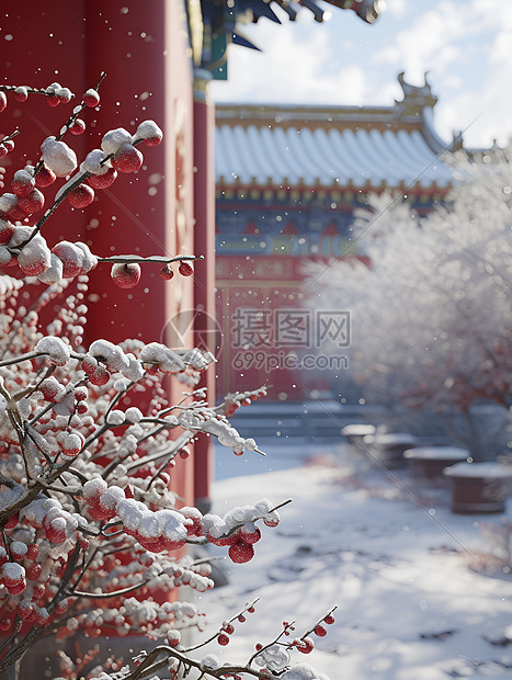 中国宫殿中的雪景图片