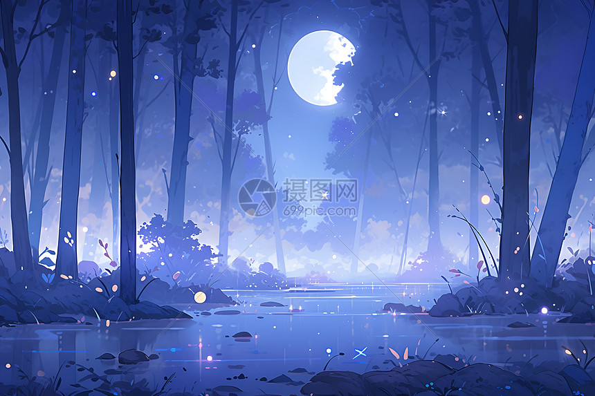 月光下的森林奇景图片