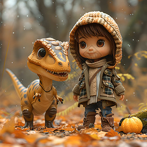 秋季森林中的女孩恐龙图片