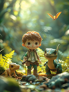 森林中的男孩和小恐龙图片