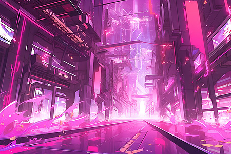 科技感背景紫色荧光照亮的未来都市插画
