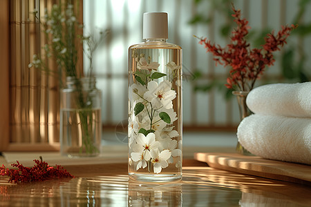 液体透明瓶子里的花朵图片