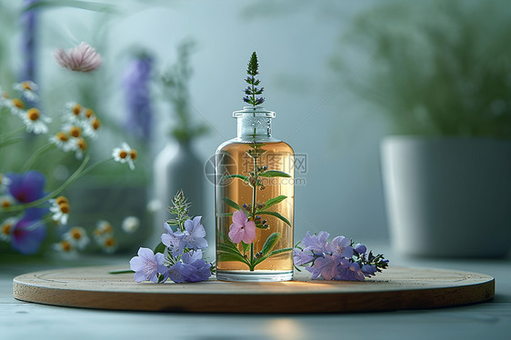 花朵旁的玻璃瓶子图片