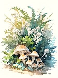 蘑菇与鲜花图片