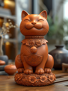 木质猫咪雕塑图片