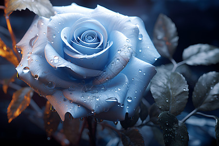 冰蓝玫瑰上的水滴背景图片