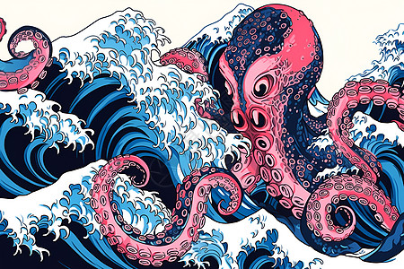 八爪鱼刺身海洋中的章鱼波浪插画