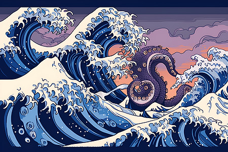 巨浪中的章鱼背景图片