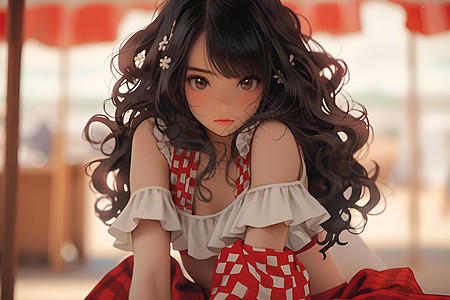 红白格子裙子的优雅少女图片