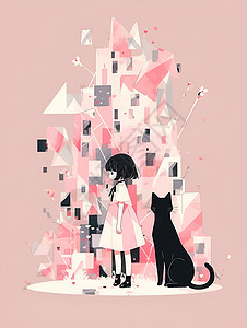 少女与猫几何插画图片