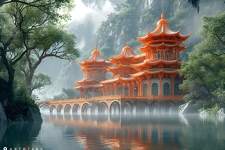 湖畔幻境中国古建筑背景图片