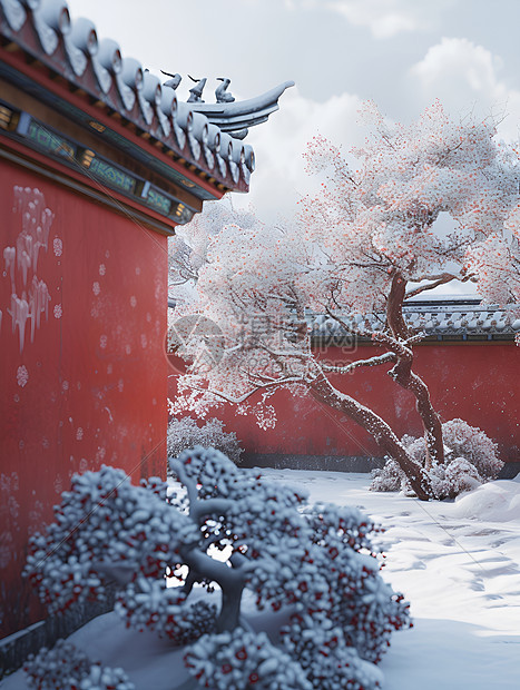 中国宫殿中的雪景红墙图片