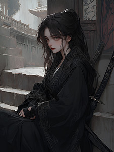 黑色汉服中的女武者图片