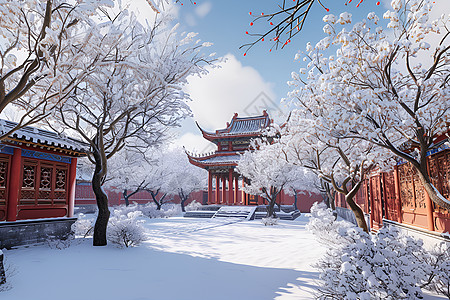 中国宫殿的雪景背景图片